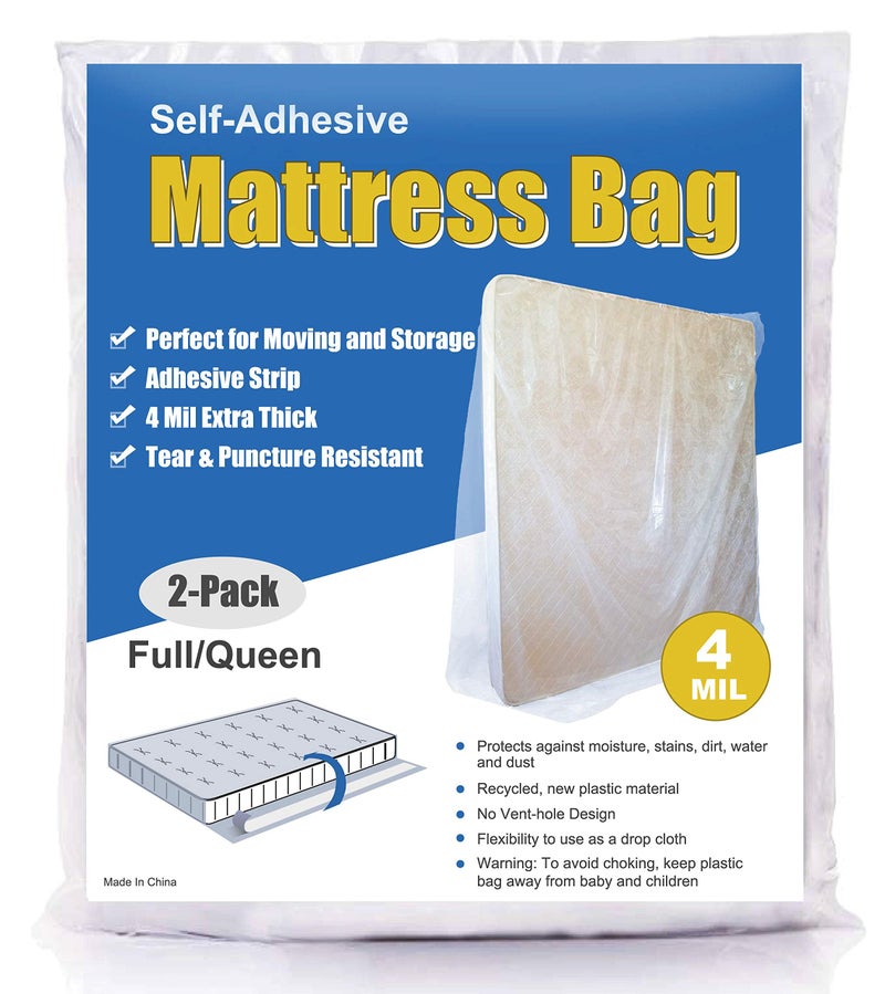 ComfortHome 4 Mil Extra Thick Sealable Mattress Bag with Adhesive Strip for Moving and Storage, Heavy Duty, Fits Twin Full and Queen Size, 2 Pack - Image 1
